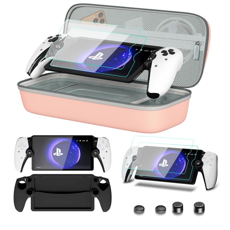 bibuks 8 in 1 Accessories Compatible with PS5 Portal,Carrying Case for PS Portal,Soft Silicone Protective Cover for PS5 Portal,2 Screen Protector with 4 Thumb Grip (Pink) - Image 1